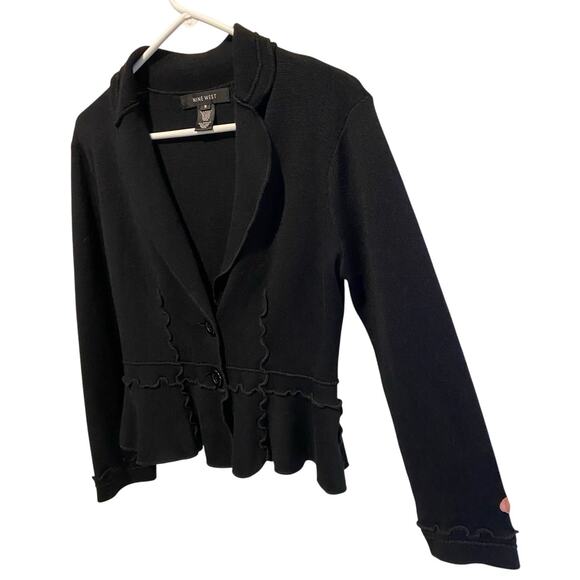 Nine West Sweater Blazer Medium Black Wool Blend Knit Ruffle Academia Y2K - Picture 7 of 7